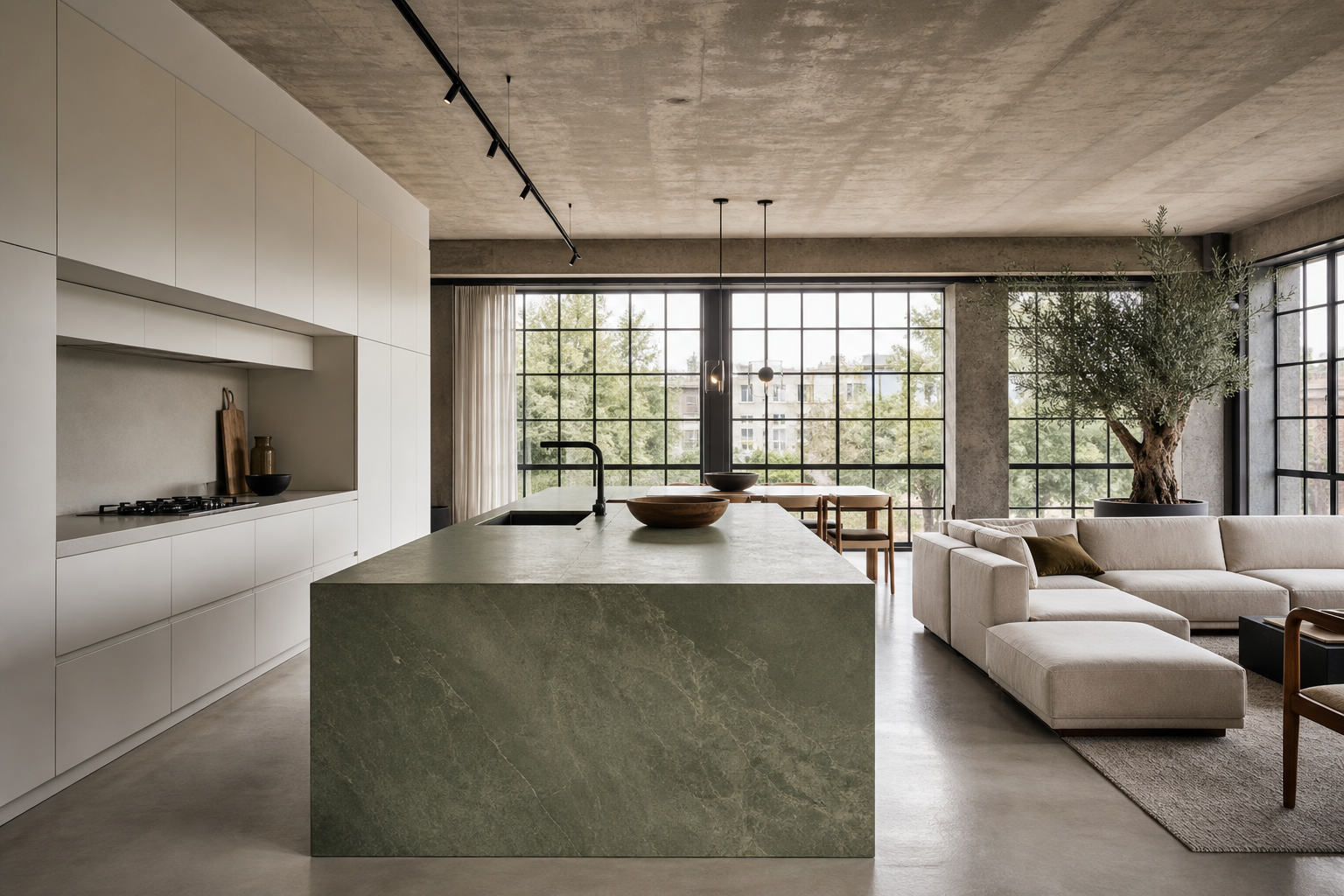 Cucina open space con isola sage